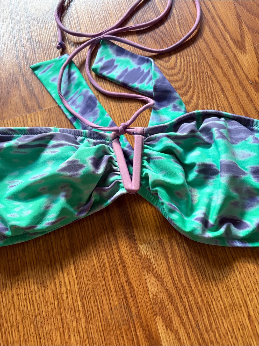 Tie-Dye Bandeau Bikini Top in Green & Purple with Pink Trim